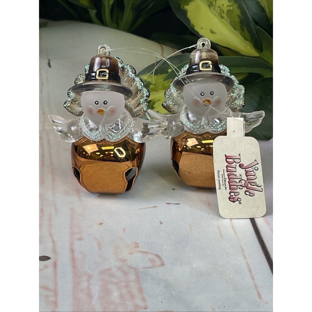 Jingle Buddies Thanksgiving Pilgrim Snowman Ornaments Pair w/ Bells & Tags